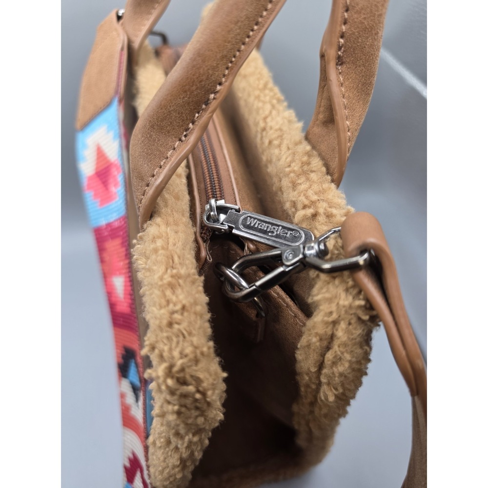 Wrangler Aztec Sherpa Southwestern Tote Crossbody Purse Western Canvas Brown - Picture 7 of 8